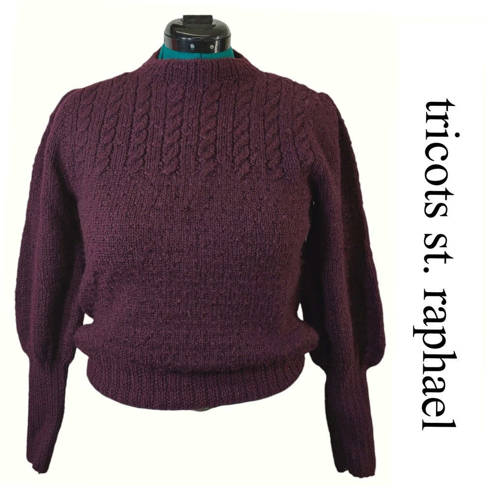 Tricots St. Raphael Vintage 100%‎ Wool Cable Knit Puff Sleeve Sweater Burgundy S